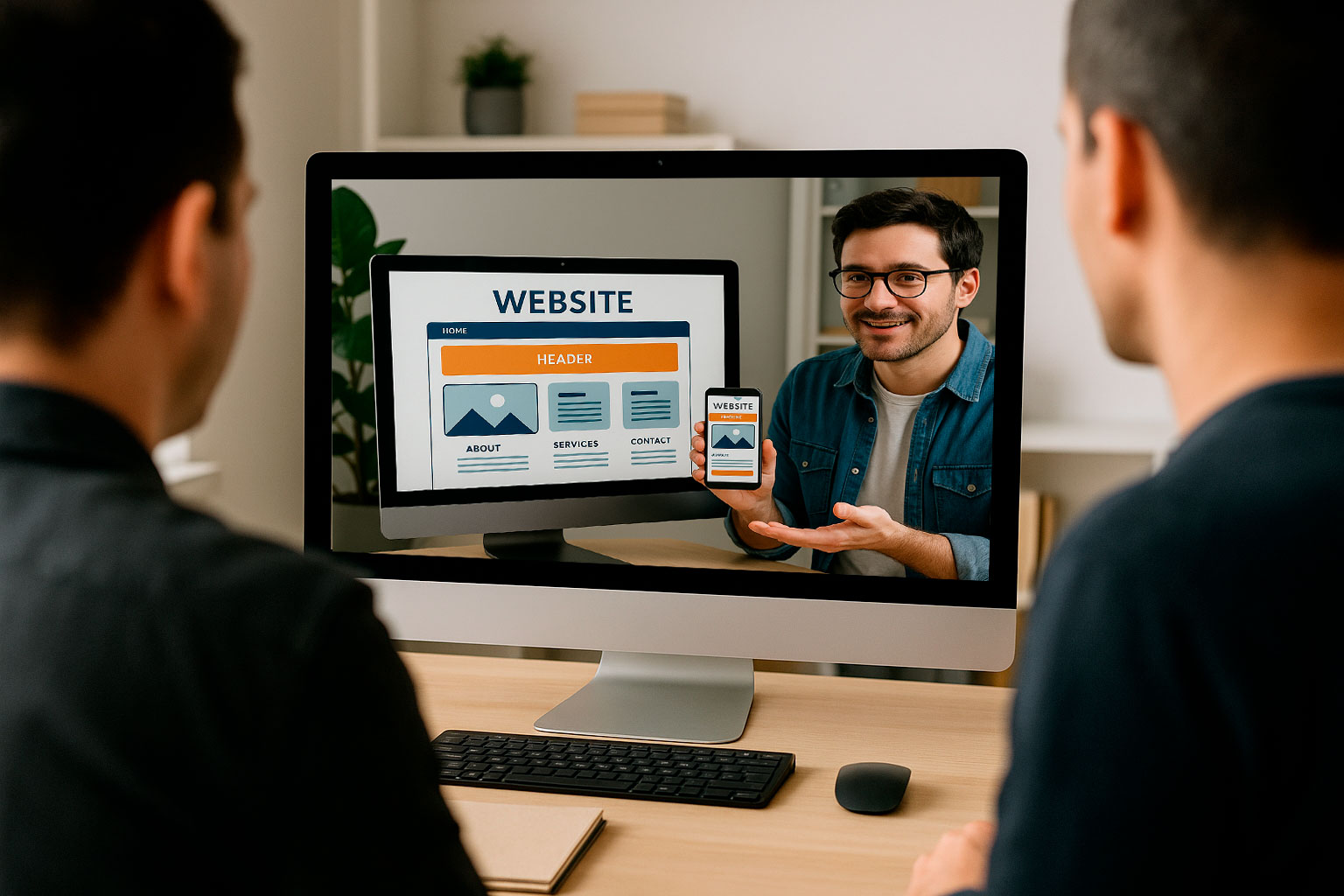 Designer apresenta um projeto responsivo de website para dois clientes satisfeitos.