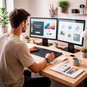 profissional trabalhando em um projeto de disign, olhando para o computador que possui duas telas grandes.